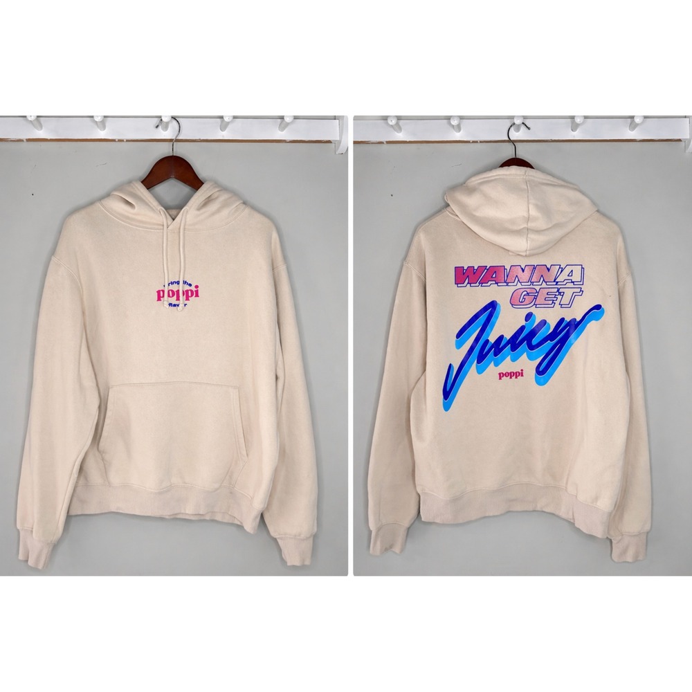 Poppi Soda Wanna Get Juicy Hoodie Large Tan Cream Graphic Sweatshirt